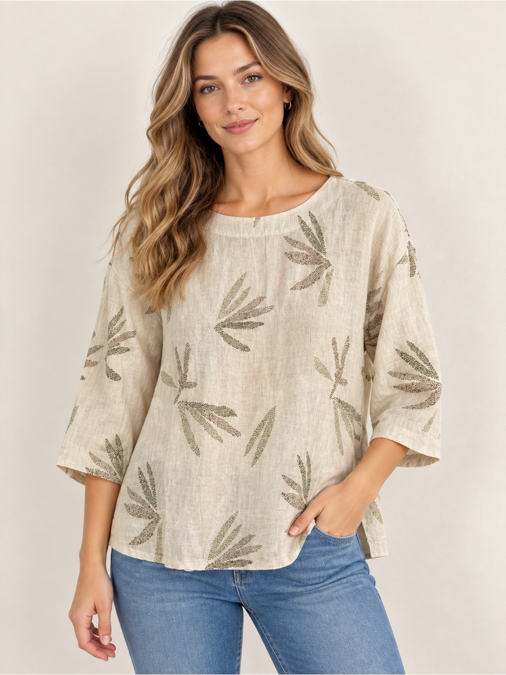 Charter Club Cream Linen-Blend Leaf Print Blouse